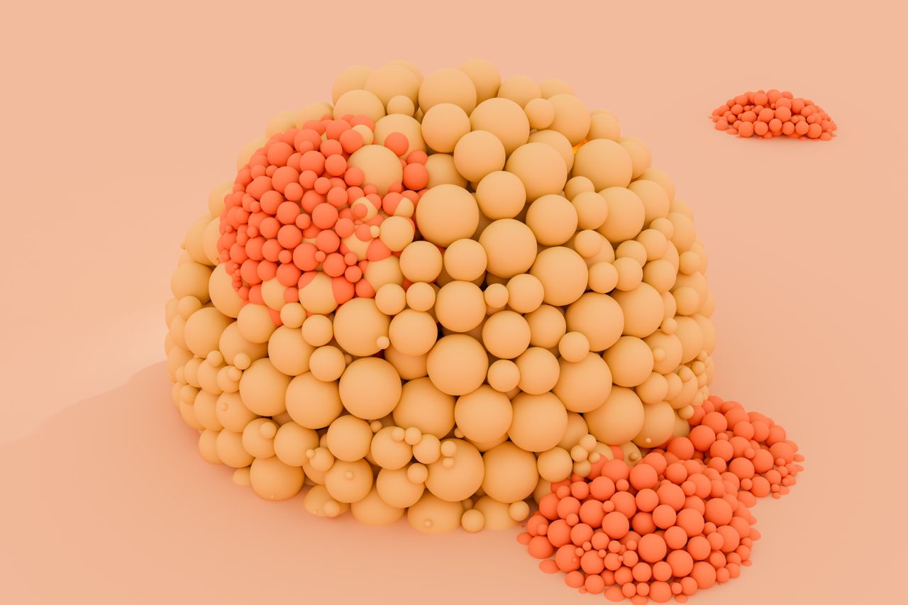 a captivating abstract 3d render of clustered spheres in orange tones