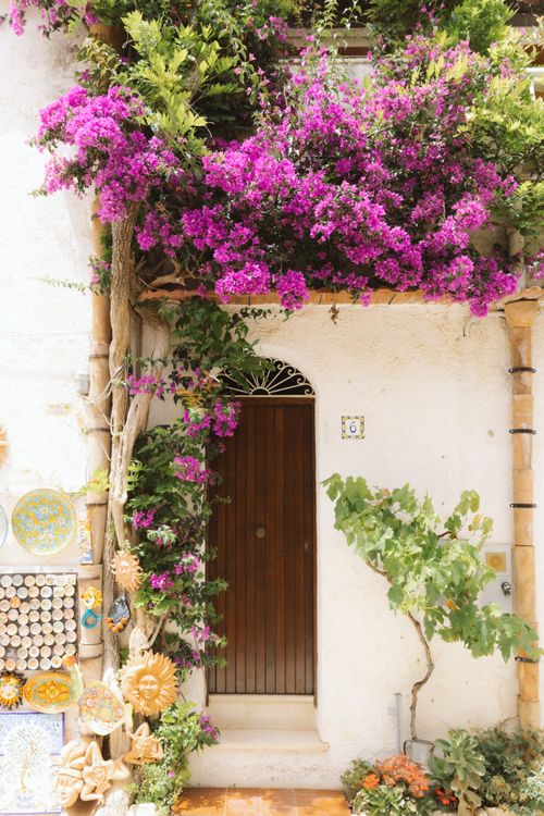 Free Elegant wooden door framed by vibrant purple bougainvillea in a Mediterranean setting, perfect for decor inspiration. Stock Photo