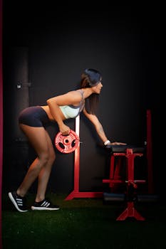 Fit woman working out with a red weight plate indoors in a gym setting. Perfect for fitness and health themes.
