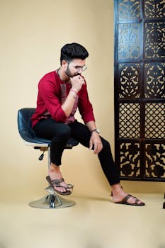 Fashionable young man in a red shirt posing thoughtfully indoors in a Jaipur studio setting.