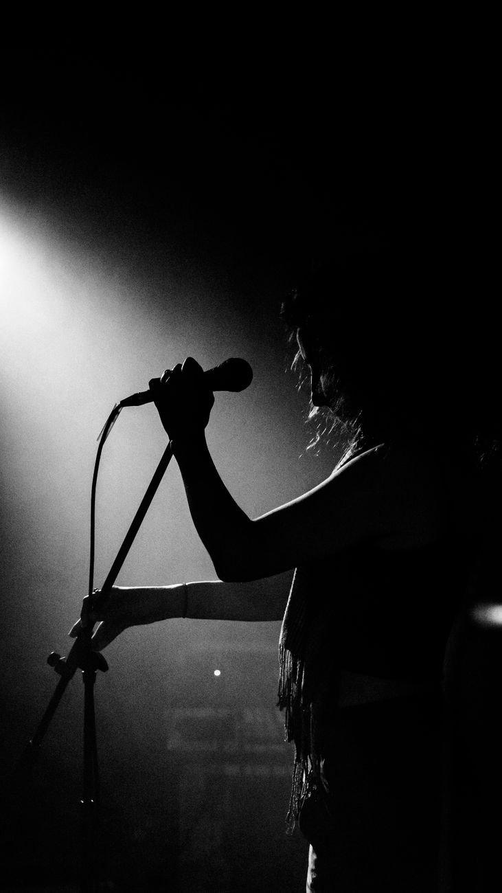 Zwart-wit silhouet van een zanger met een microfoon tijdens een concert.