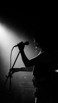 Black and white silhouette of a singer holding a microphone during a concert.