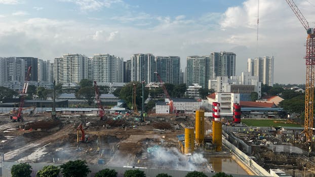 A bustling construction site set against a modern city skyline.