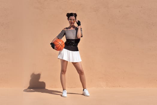 Trendy woman in sunglasses and skirt posing with a basketball against a wall.