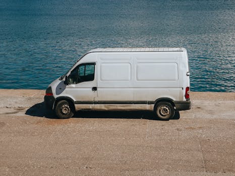 A white van parked next to a serene blue sea on a sunny day.