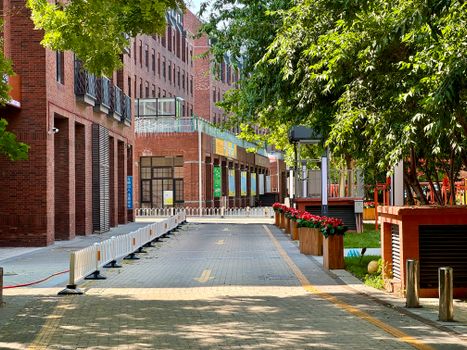 Vibrant urban street in He Xi Qu, Tian Jin Shi, China with trees and brick buildings.