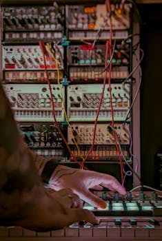 Close-up of musician using synthesizer and drum machine in a studio with cables and pink lighting.