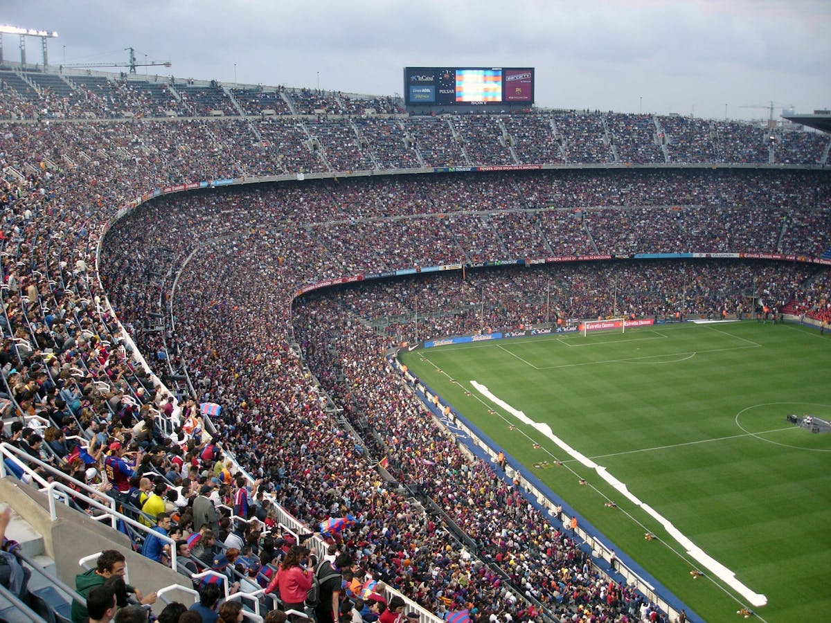 Fans celebrating at sports stadium with flags