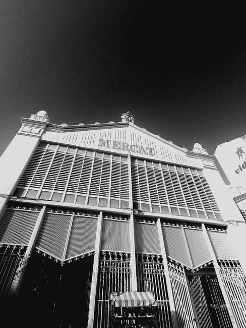 Architectural detail of historic Mercat market building in black and white.