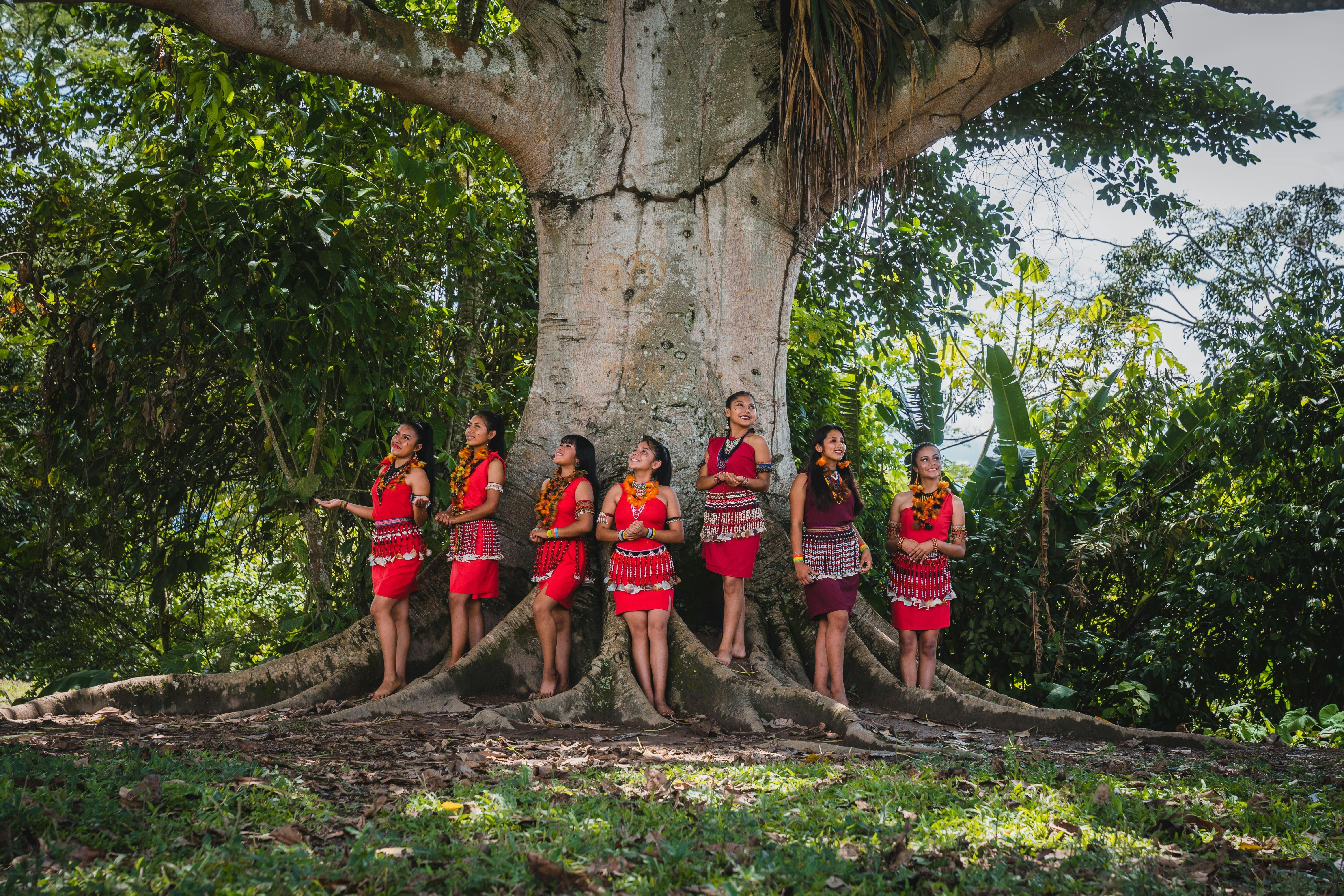 a group of women wearing traditional clothing standing by the tree in a forest