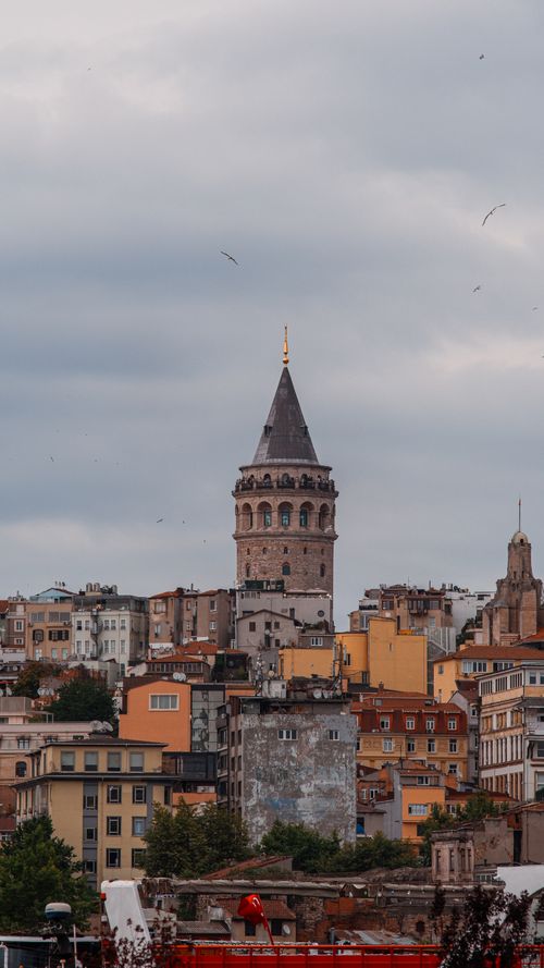 Free Stunning vertical view of Galata Tower surrounded by autumn-colored buildings in Istanbul, Turkey. Stock Photo