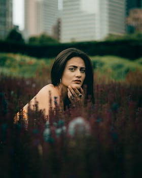 田野中一位女性的肖像以城市景观为背景，展现城市与自然的对比