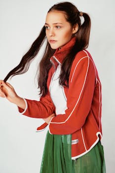 一位长发年轻女子身着红色夹克和绿色裙子，在工作室拍摄时尚肖像