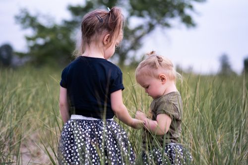 Free Two young sisters explore a grassy field during a warm summer day, capturing childhood joy. Stock Photo