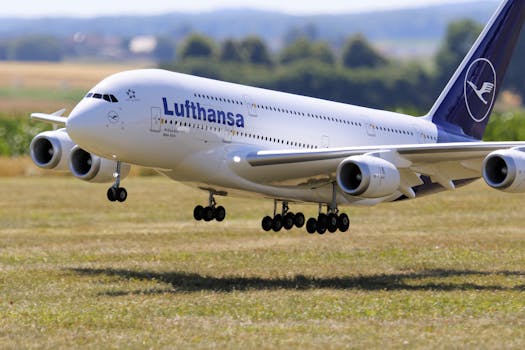 Close-up of a Lufthansa Airbus A380 taking off from a runway.