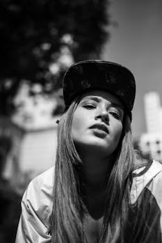 一幅带有喜怒无常氛围的艺术灰度肖像，描绘了户外戴帽子的女子