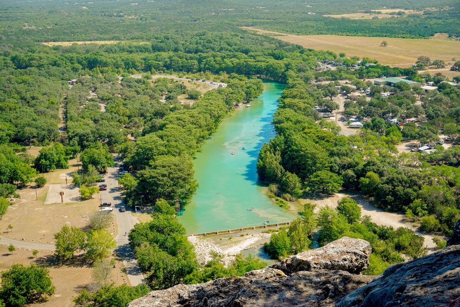 Aerial view of the Frio River winding through the Texas Hill Country