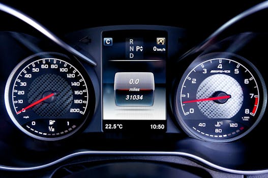 Close-up of a modern car dashboard showing speedometers and digital display in a luxury vehicle.