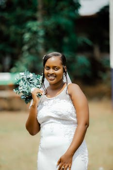 A radiant bride poses with a bouquet during a beautiful outdoor wedding in Bujumbura, Burundi.