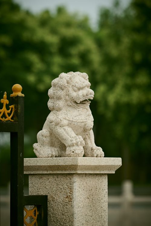 Free A stone Chinese lion statue positioned in a tranquil outdoor park setting. Stock Photo