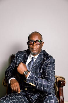 Bald black man in checkered suit sitting on an armchair, looking confident indoors.