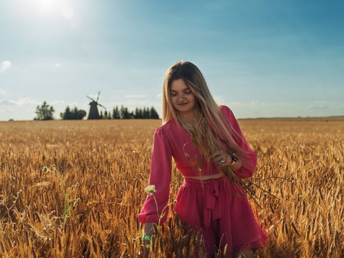 Free A woman in a pink dress walks through a sunlit wheat field with a windmill in the background. Stock Photo