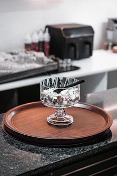 Close-up of elegant glassware with sweets on a restaurant countertop in Yalova, Türkiye.