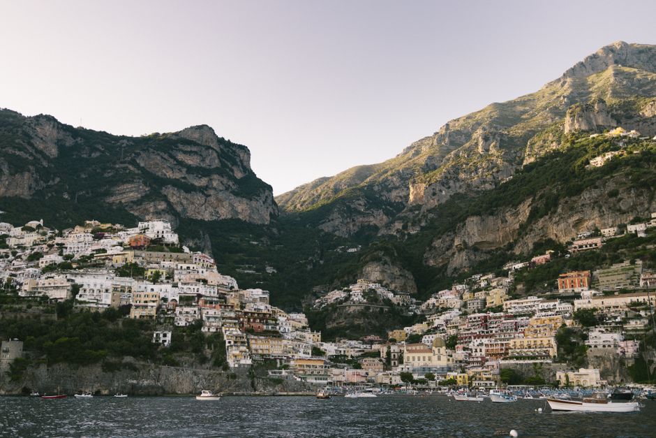 Picturesque mountains and coastal town of Positano, Italy, with charming architecture.