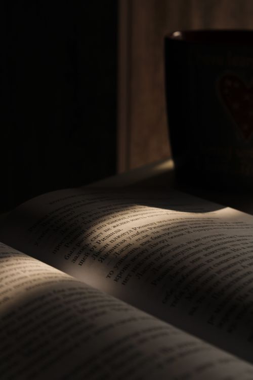 Free Dramatic close-up of a book's pages with shadows cast across, evoking mystery. Stock Photo
