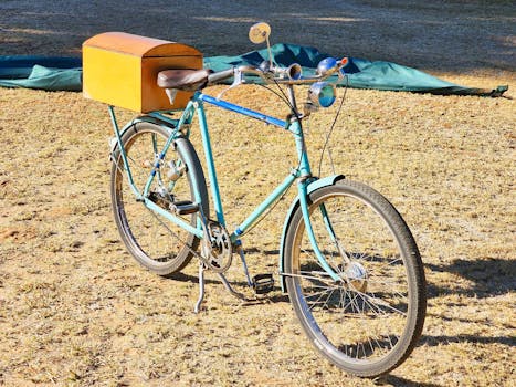 Classic vintage bicycle with a storage box on dry grass in sunny Modimolle, South Africa.