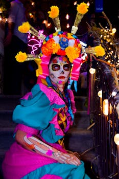 Vibrant image of a woman in Day of the Dead costume with face paint and floral headpiece.