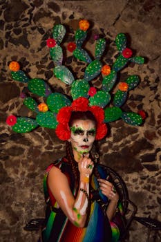 Vibrant costume and makeup with cactus headdress for Halloween or Day of the Dead celebration.