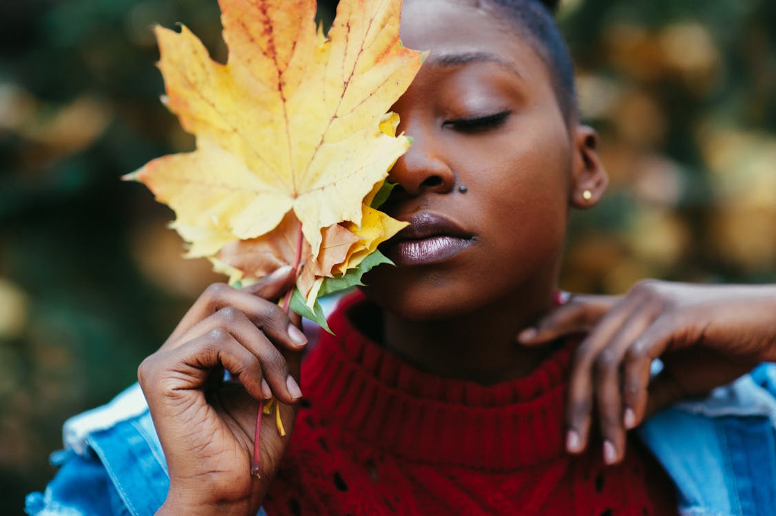Free Close-up portrait of a woman holding a large autumn leaf outdoors. Stock Photo