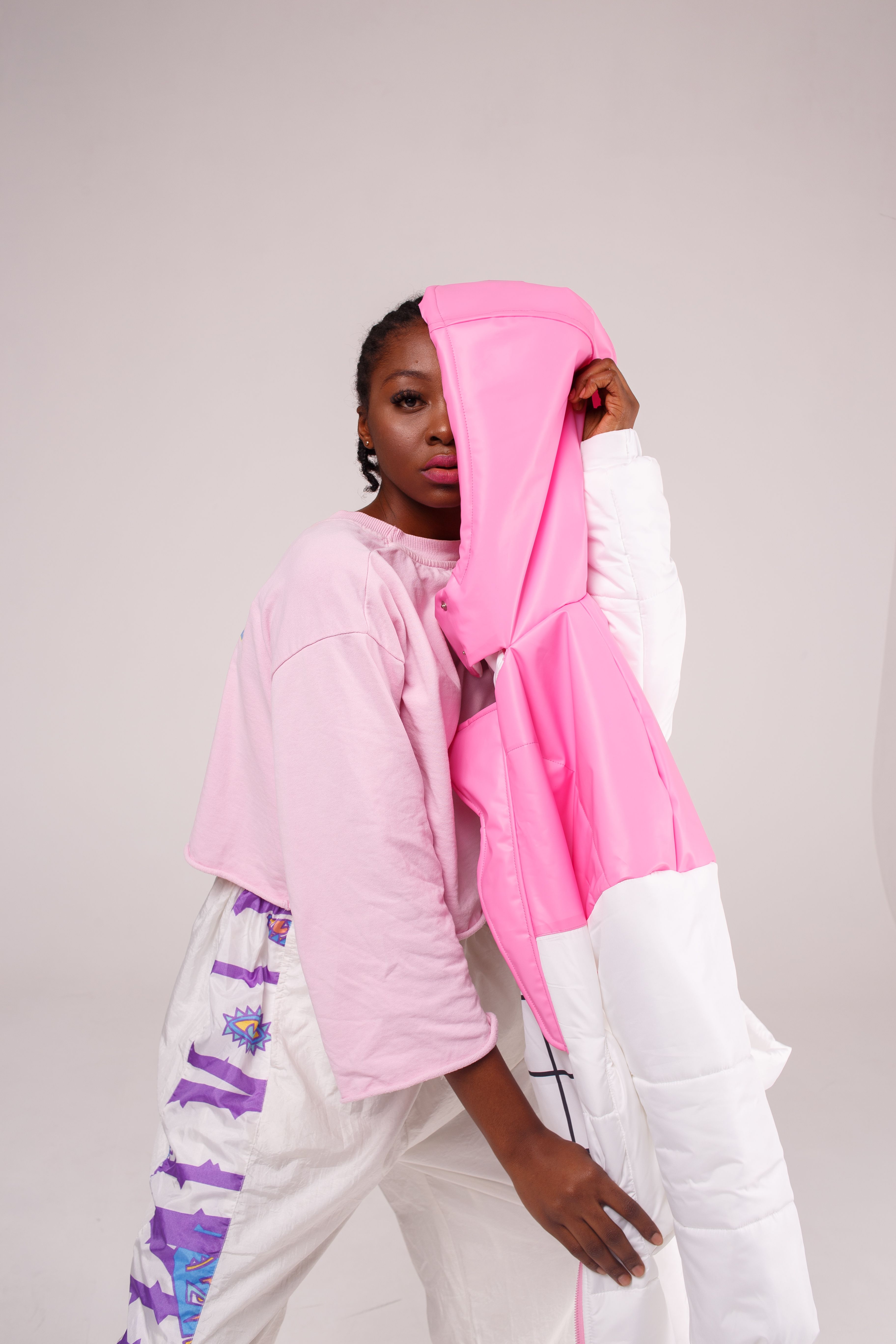 Look 07 — the soft pink layer, hood up