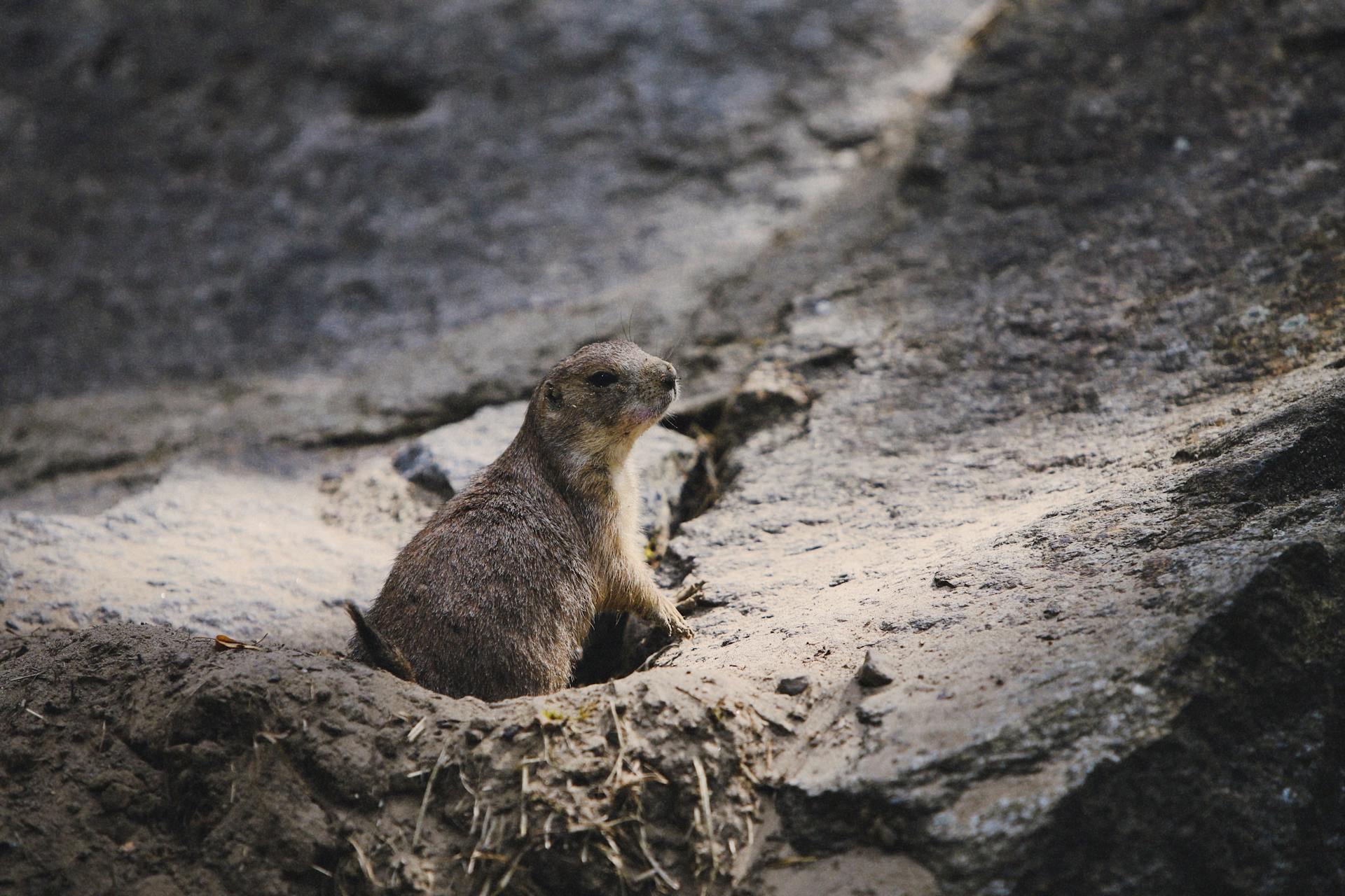 A Mexican prairie dog peeks out of its burrow in a natural setting in Berlin.