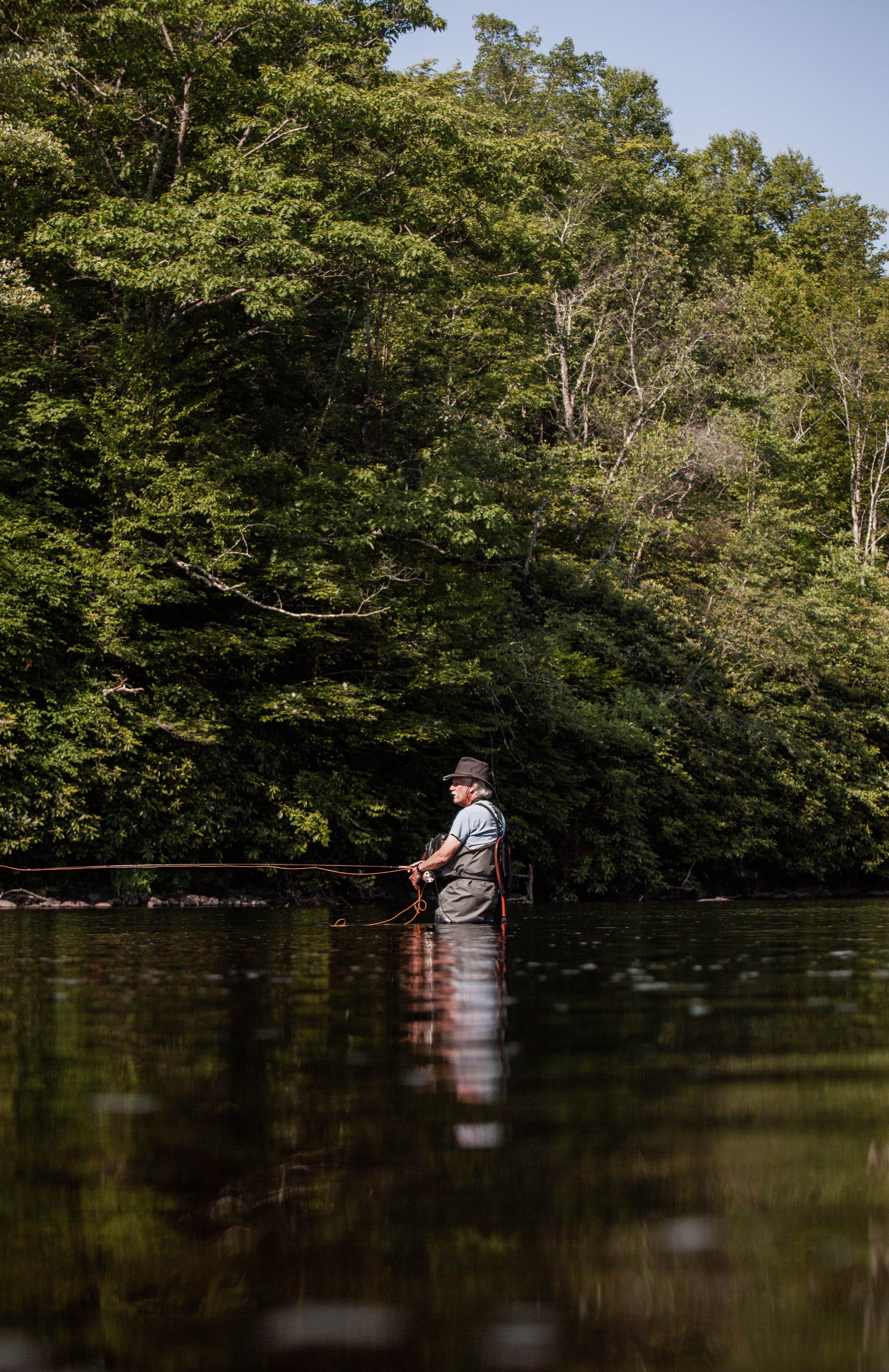 An adult man stands in a river fly fishing surrounded by dense green trees in summer.