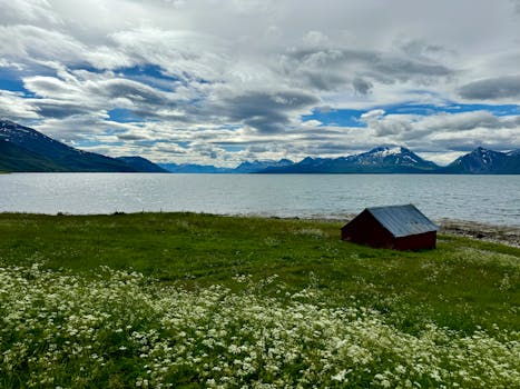 Beautiful landscape with lake, red barn, flowers, and distant mountains under a dramatic sky.