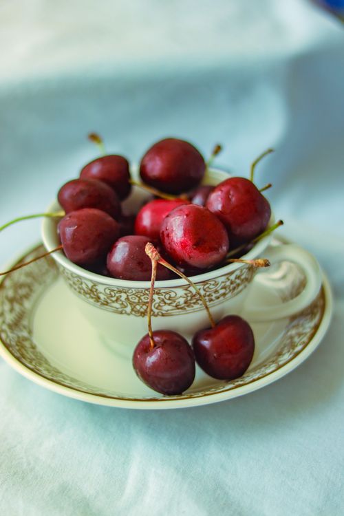 Free Artistic still life featuring ripe cherries elegantly arranged in a vintage porcelain cup. Stock Photo