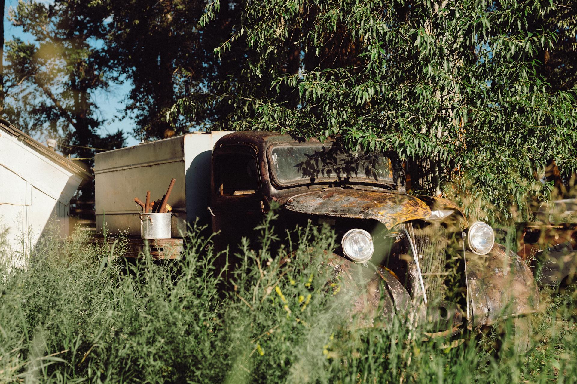 A rusty, abandoned truck surrounded by tall grass and trees in a rural setting.
