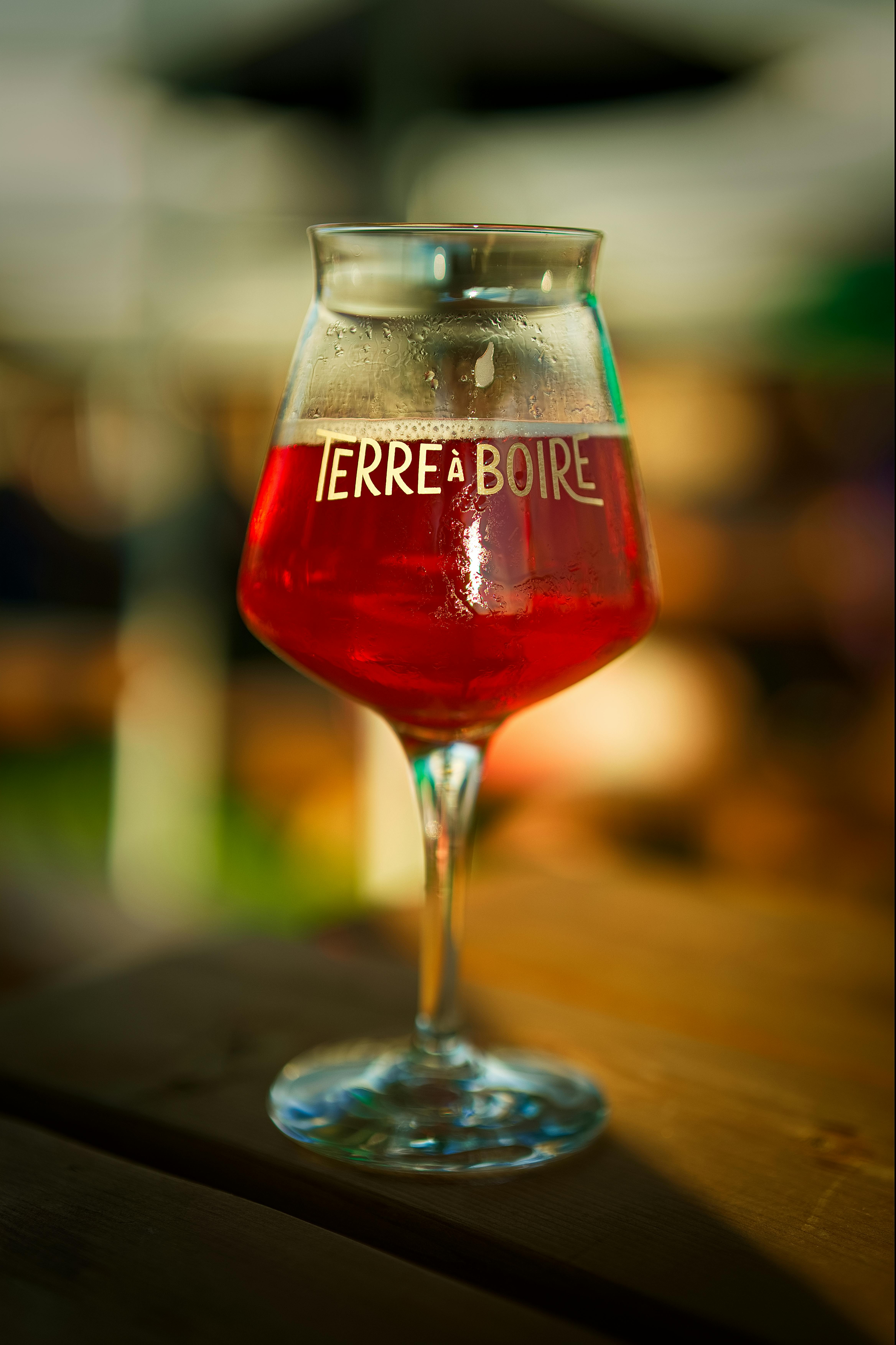 Close-up of a craft beer in a Terra à Boire glass, outdoors in Saint-Jean-sur-Richelieu, QC.