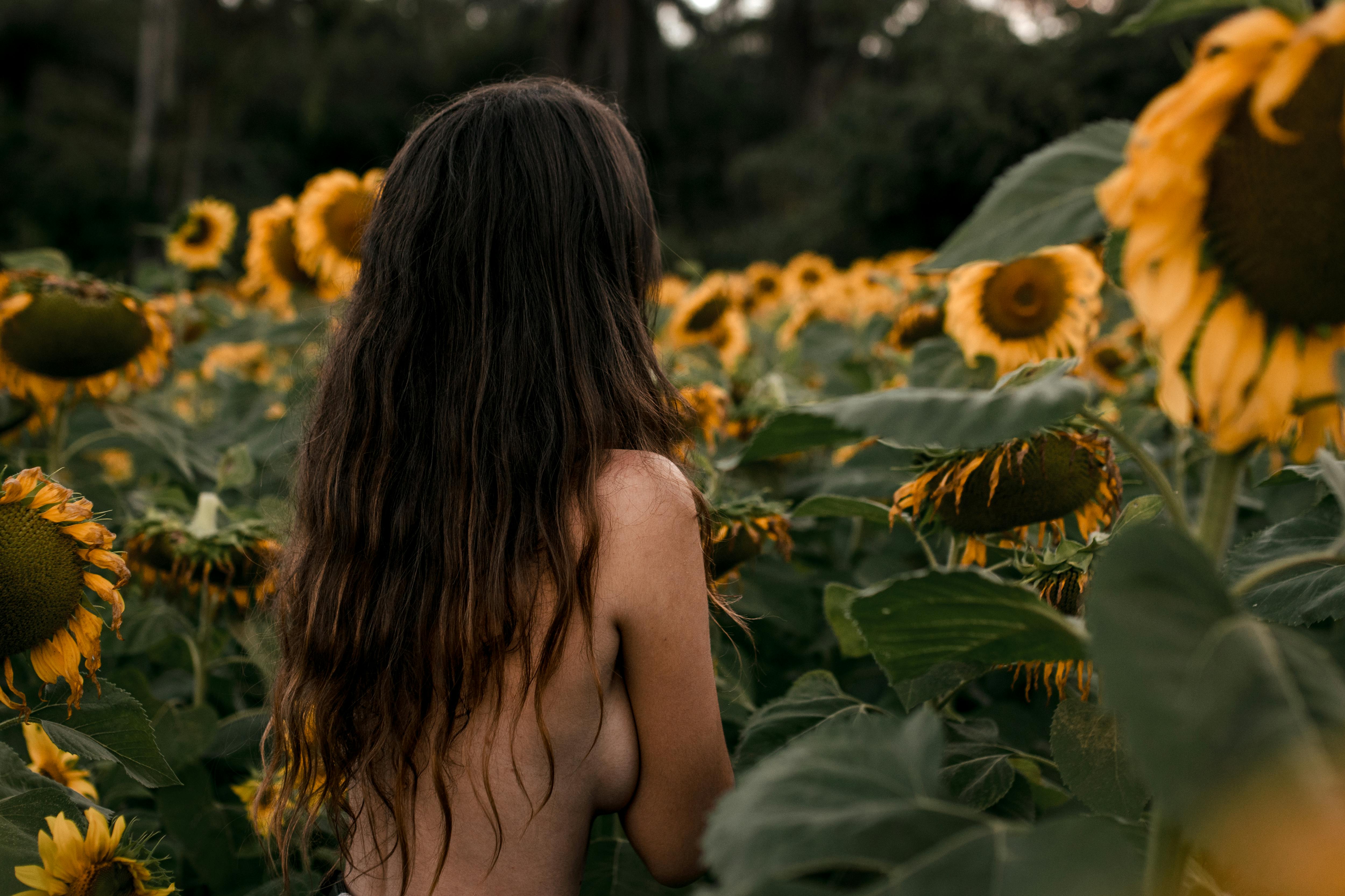 photo of topless woman near sunflowers