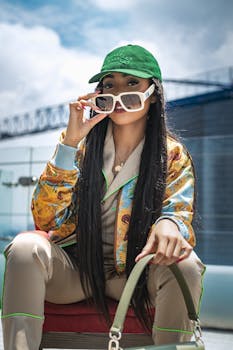 Fashionable woman in vibrant jacket and sunglasses posing outdoors in Mexico City.