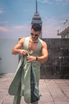 Fashion model posing in a green suit on a rooftop with Torre Latinoamericana in the background in Mexico City.
