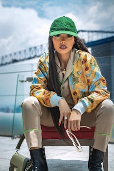 A stylish woman in a colorful jacket and green cap poses confidently on a rooftop in Mexico City.
