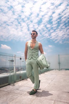 Stylish man in green vest and sunglasses standing on a rooftop in Ciudad de México. Urban fashion shot.