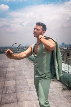 Confident man in green suit on a rooftop in Mexico City holding sunglasses.