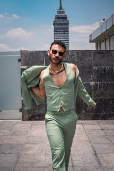Stylish man in modern suit on a rooftop with Mexico City skyline.