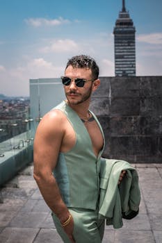 Portrait of a fashionable man in sunglasses posing on a rooftop with a Mexico City skyscraper in the background.