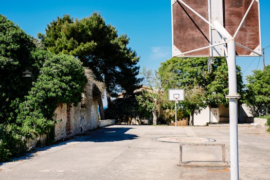 A sunlit basketball court surrounded by trees and urban structures, perfect for sports enthusiasts.