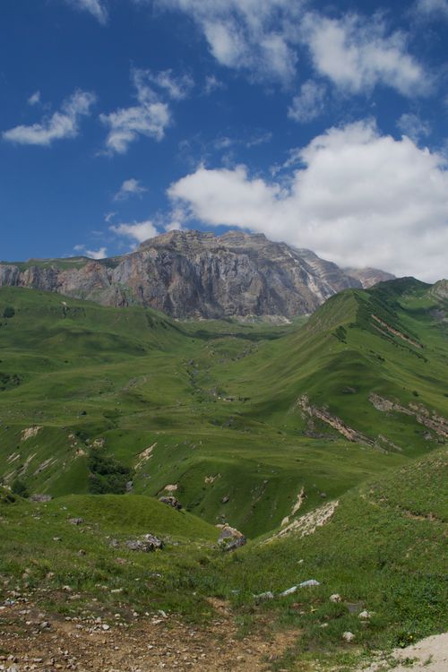 Free A breathtaking view of a lush green valley leading to a majestic mountain peak under a bright blue sky. Stock Photo